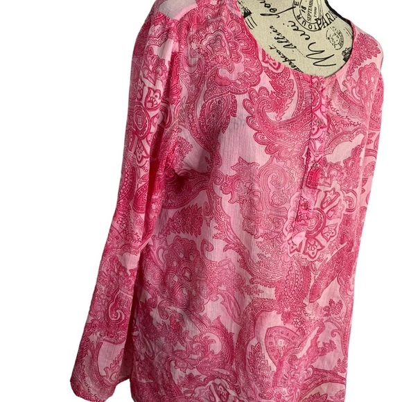 Jones New York Tunic Blouse Boho long Sleeve paisley pink cotton light Women’s L - Picture 4 of 14